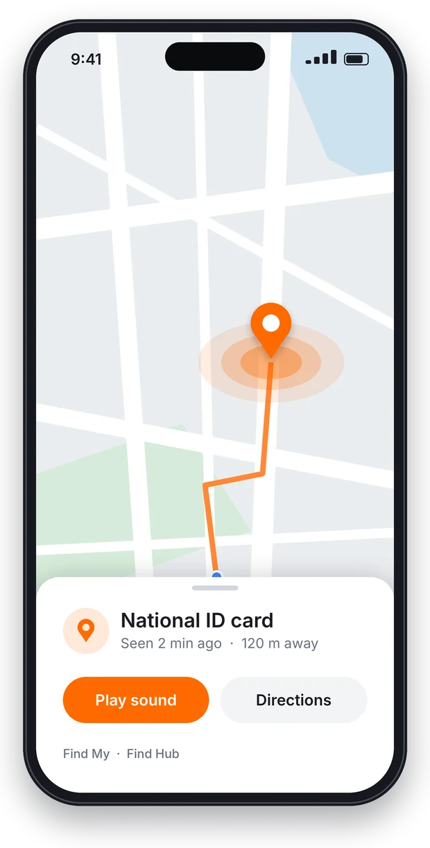 Phone screen showing a map with an orange pin: National ID card, seen 2 minutes ago, 120 metres away, with Play sound and Directions buttons